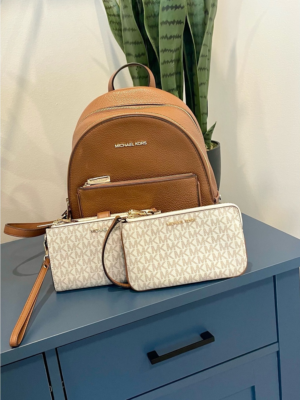 Michael Kors Tan Pebbled Leather Backpack with Signature MK Wristlet Trio Set